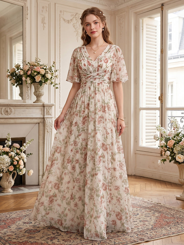 A-Line V-Neck Half Sleeves Split Side Chiffon Floral Bridesmaid Dresses With Pockets