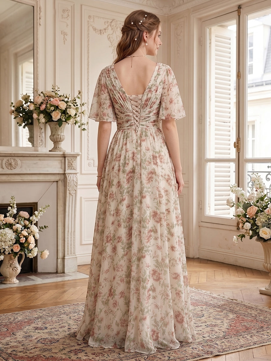 A-Line V-Neck Half Sleeves Split Side Chiffon Floral Bridesmaid Dresses With Pockets