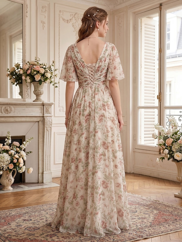 A-Line V-Neck Half Sleeves Split Side Chiffon Floral Bridesmaid Dresses With Pockets