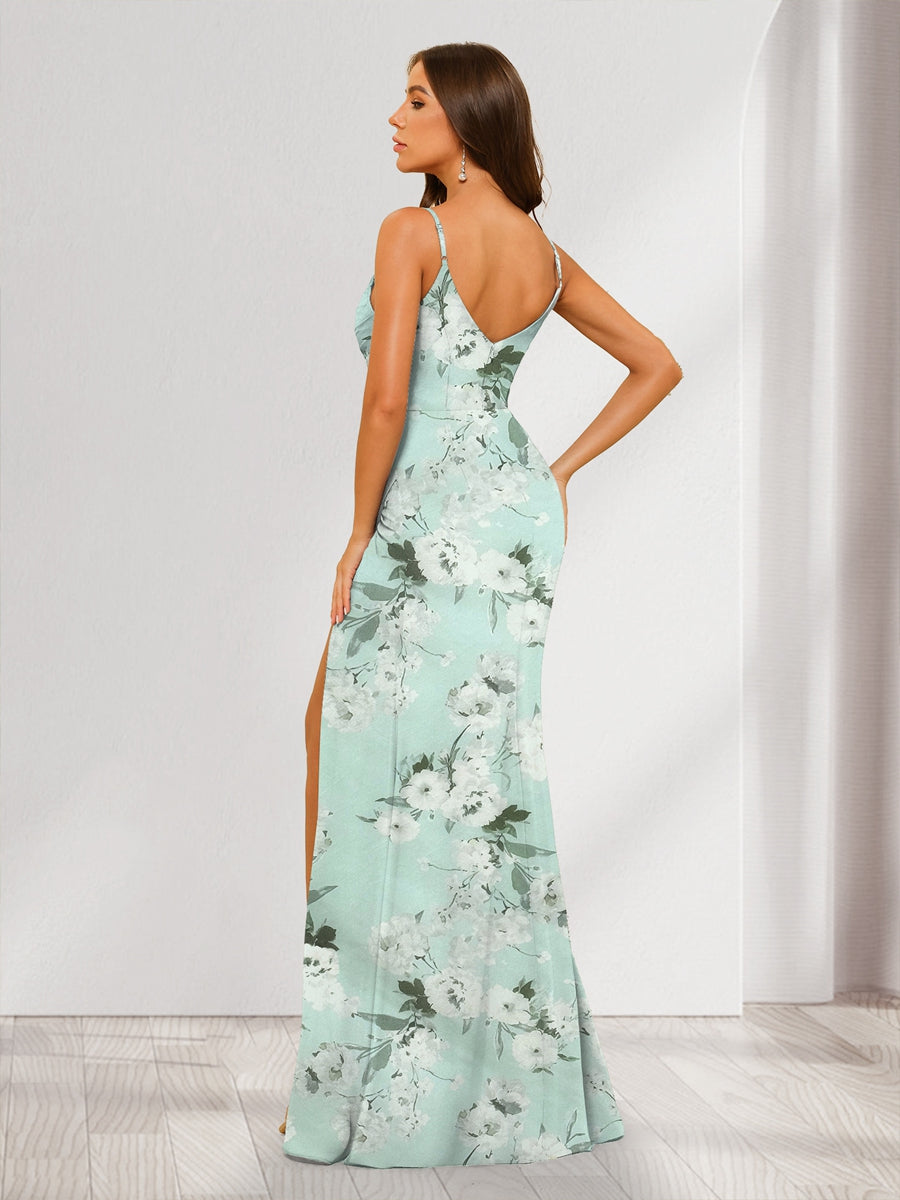 Sheath/Column Spaghetti Straps Long Floral Bridesmaid Dresses with Split Side &amp; Ruched