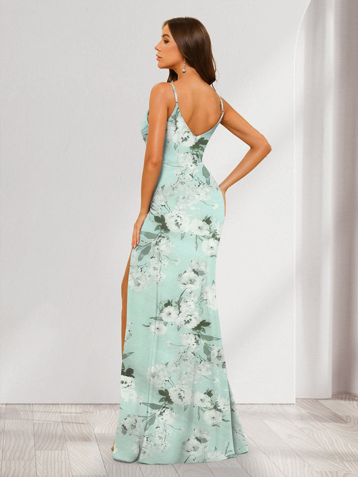 Sheath/Column Spaghetti Straps Long Floral Bridesmaid Dresses with Split Side &amp; Ruched
