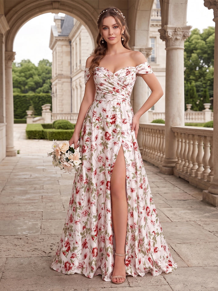 Floor-Length Off-the-Shoulder Long Floral Dresses with Split Side &amp; Ruched