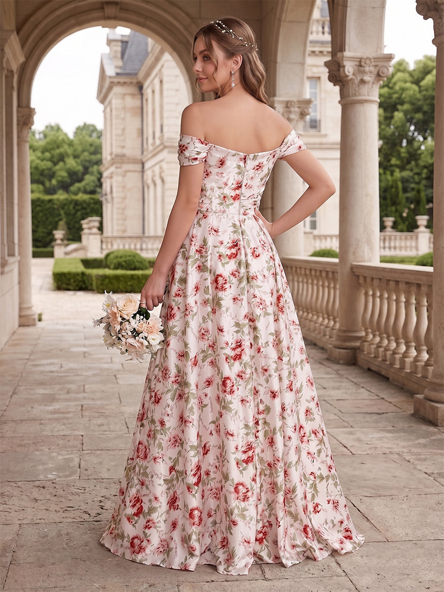 Floor-Length Off-the-Shoulder Long Floral Dresses with Split Side &amp; Ruched