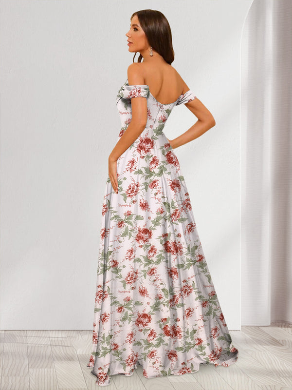 Floor-Length Off-the-Shoulder Long Floral Dresses with Split Side & Ruched