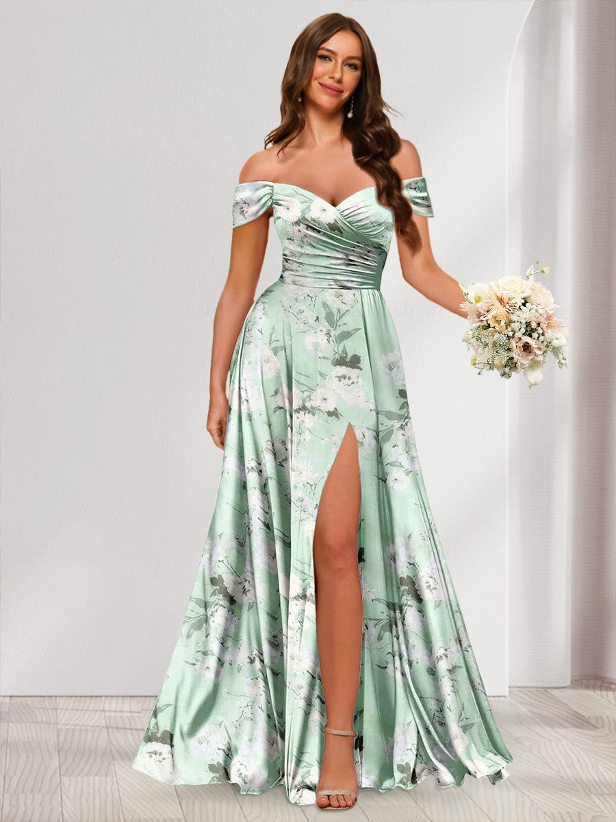 Floor-Length Off-the-Shoulder Long Floral Dresses with Split Side &amp; Ruched