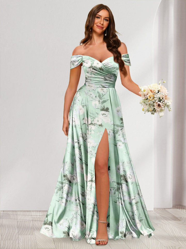 Floor-Length Off-the-Shoulder Long Floral Dresses with Split Side &amp; Ruched