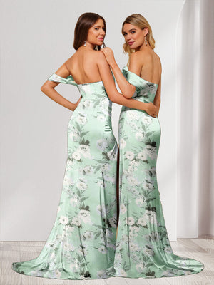 Sheath/Column Off-the-Shoulder Long Floral Dresses with Split Side
