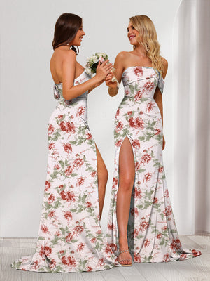 Sheath/Column Off-the-Shoulder Long Floral Dresses with Split Side