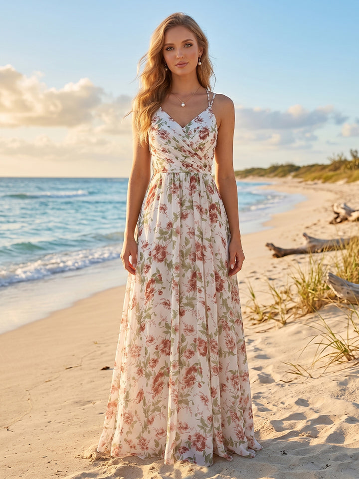 A-Line/Princess V-Neck Long Floral Bridesmaid Dresses with Ruched