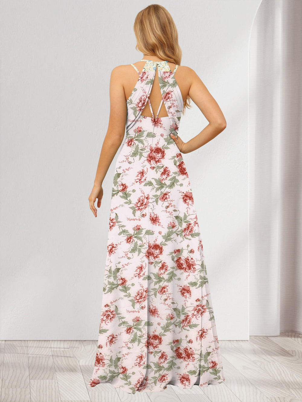 A-Line/Princess V-Neck Long Floral Bridesmaid Dresses with Ruched