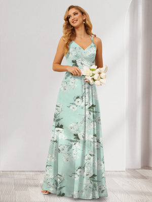 A-Line/Princess V-Neck Long Floral Bridesmaid Dresses with Ruched