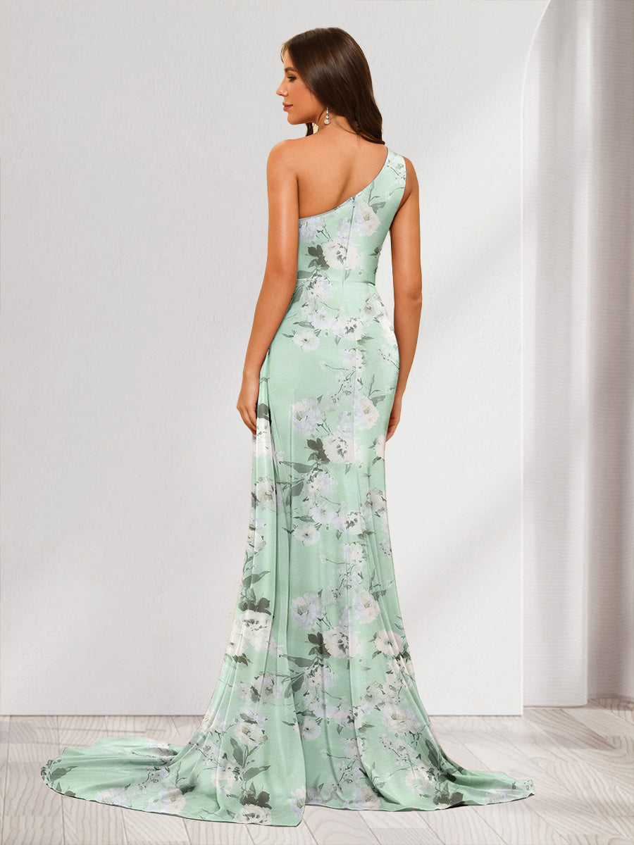 Sheath/Column One-Shoulder Sweetheart Long Floral Dresses with Split Side