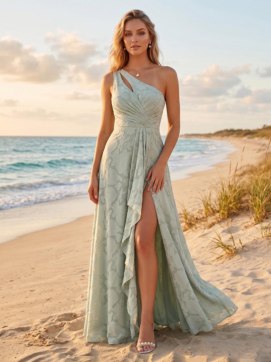 A-Line/Princess One-Shoulder Long Floral Bridesmaid Dresses with Split Side