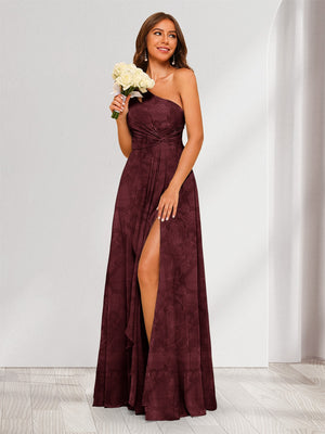 A-Line/Princess One-Shoulder Long Floral Bridesmaid Dresses with Split Side