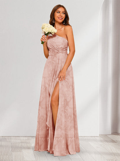 A-Line/Princess One-Shoulder Long Floral Bridesmaid Dresses with Split Side