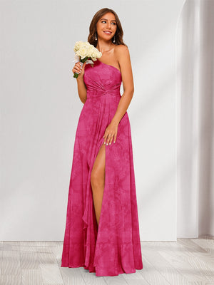 A-Line/Princess One-Shoulder Long Floral Bridesmaid Dresses with Split Side