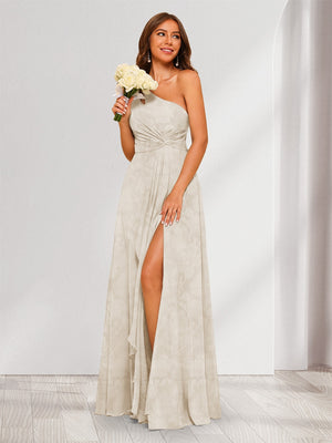 one shoulder floral bridesmaid dress White Blue Floral One Shoulder Long Bridesmaid Dress with Slit