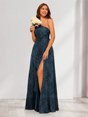 A-Line/Princess One-Shoulder Long Floral Bridesmaid Dresses with Split Side