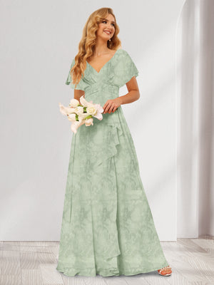 A-Line/Princess V-Neck Long Floral Bridesmaid Dresses with Ruffles