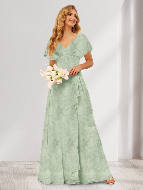 A-Line/Princess V-Neck Long Floral Bridesmaid Dresses with Ruffles