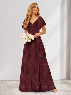 A-Line/Princess V-Neck Long Floral Bridesmaid Dresses with Ruffles
