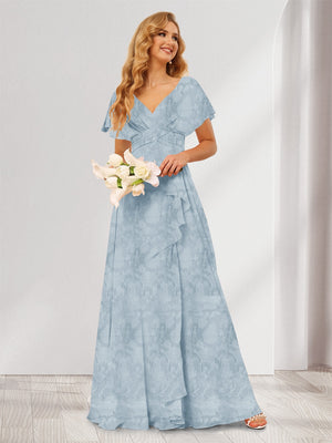 A-Line/Princess V-Neck Long Floral Bridesmaid Dresses with Ruffles