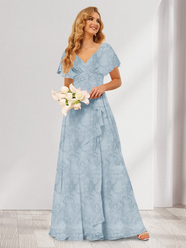 A-Line/Princess V-Neck Long Floral Bridesmaid Dresses with Ruffles