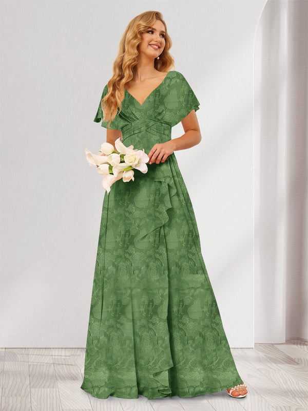 A-Line/Princess V-Neck Long Floral Bridesmaid Dresses with Ruffles