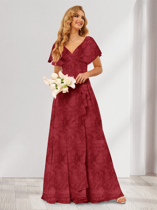 A-Line/Princess V-Neck Long Floral Bridesmaid Dresses with Ruffles
