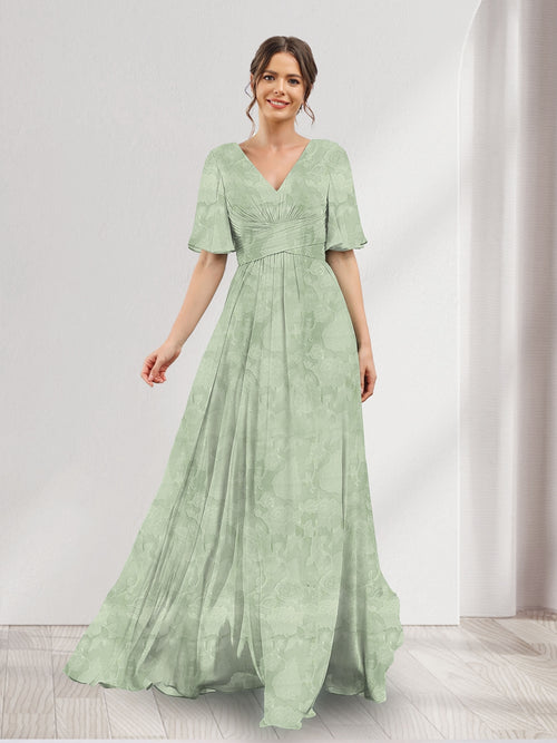 A-Line V-Neck Half Sleeves Split Side Floral Bridesmaid Dresses With Pockets