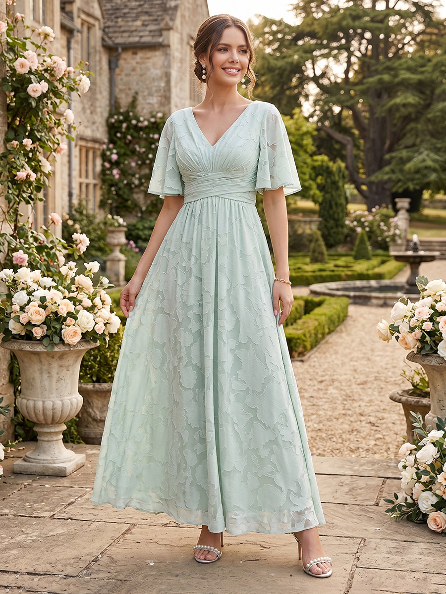 A-Line V-Neck Half Sleeves Split Side Floral Bridesmaid Dresses With Pockets
