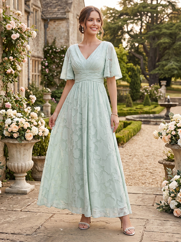 A-Line V-Neck Half Sleeves Split Side Floral Bridesmaid Dresses With Pockets