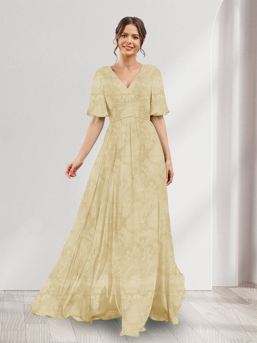 A-Line V-Neck Half Sleeves Split Side Floral Bridesmaid Dresses With Pockets