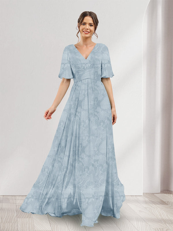A-Line V-Neck Half Sleeves Split Side Floral Bridesmaid Dresses With Pockets