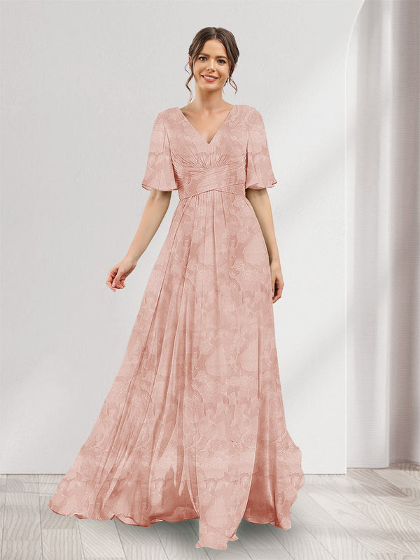 A-Line V-Neck Half Sleeves Split Side Floral Bridesmaid Dresses With Pockets