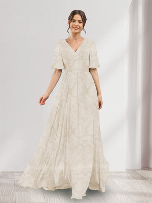 A-Line V-Neck Half Sleeves Split Side Floral Bridesmaid Dresses With Pockets