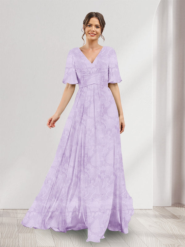 A-Line V-Neck Half Sleeves Split Side Floral Bridesmaid Dresses With Pockets