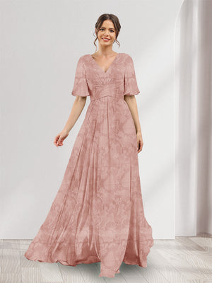 A-Line V-Neck Half Sleeves Split Side Floral Bridesmaid Dresses With Pockets
