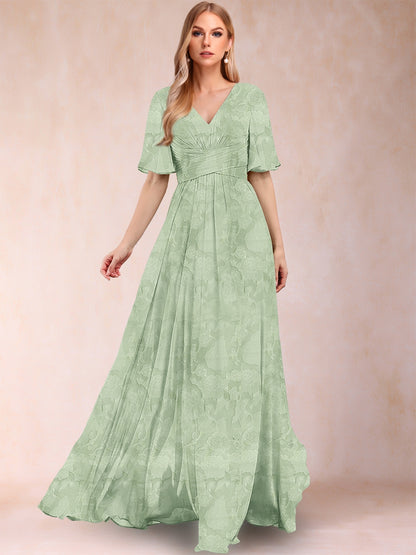 A-Line V-Neck Half Sleeves Split Side Floral Mother of the Bride Dresses With Pockets