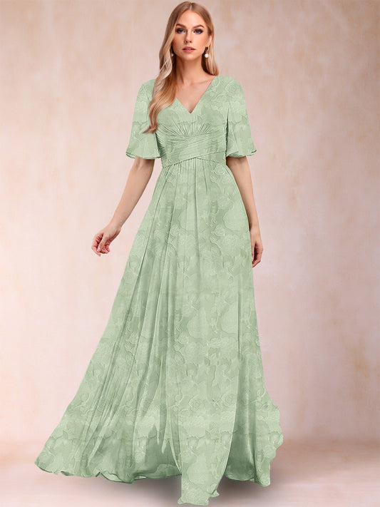 A-Line V-Neck Half Sleeves Split Side Floral Mother of the Bride Dresses With Pockets