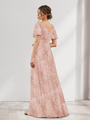 A-Line V-Neck Short Sleeves Floral Bridesmaid Dresses with Pockets