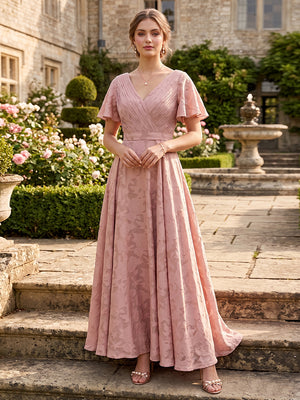 A-Line V-Neck Short Sleeves Floral Bridesmaid Dresses with Pockets
