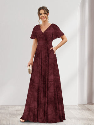 A-Line V-Neck Short Sleeves Floral Bridesmaid Dresses with Pockets