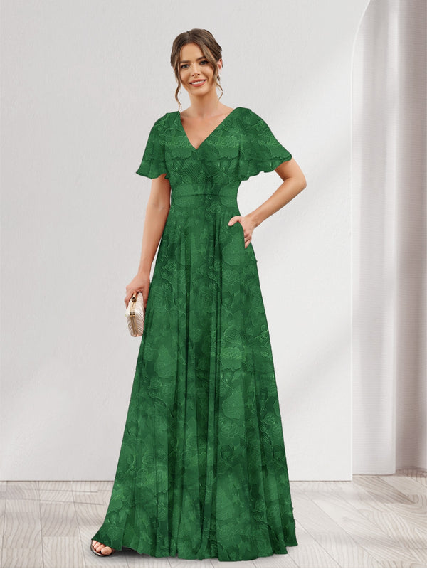 A-Line V-Neck Short Sleeves Floral Bridesmaid Dresses with Pockets