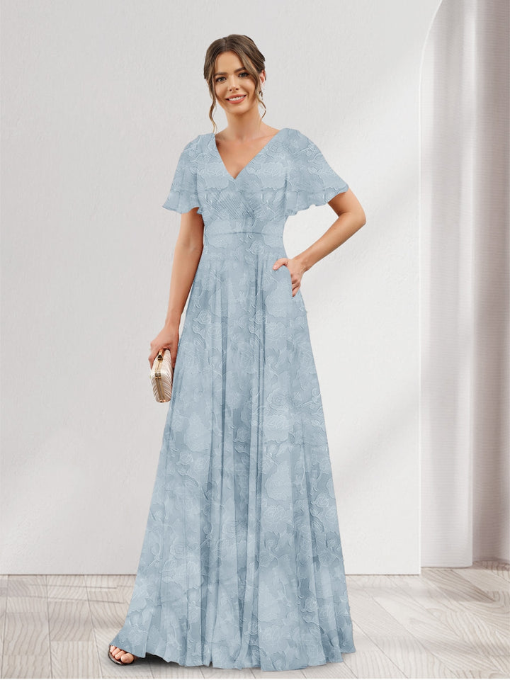 A-Line V-Neck Short Sleeves Floral Bridesmaid Dresses with Pockets