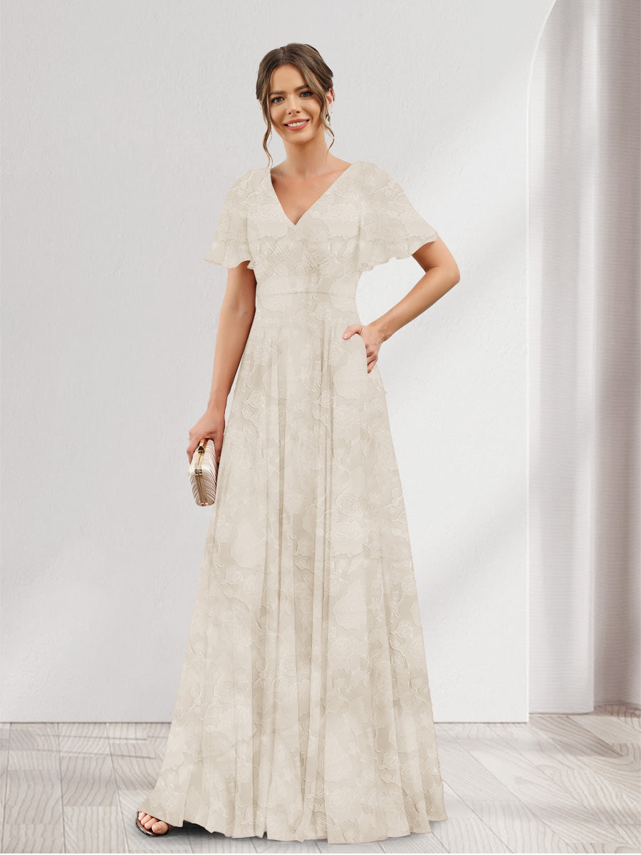 Lavetir Light Champagne A-Line V-Neck Short Sleeves Floral Bridesmaid Dresses with Pockets 2026