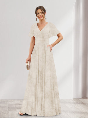 A-Line V-Neck Short Sleeves Floral Bridesmaid Dresses with Pockets