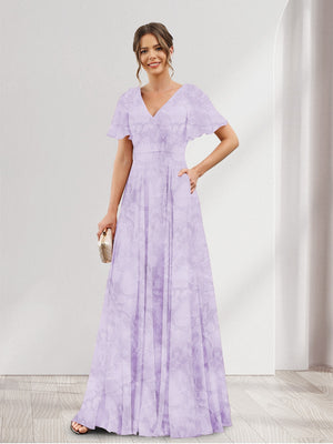 A-Line V-Neck Short Sleeves Floral Bridesmaid Dresses with Pockets