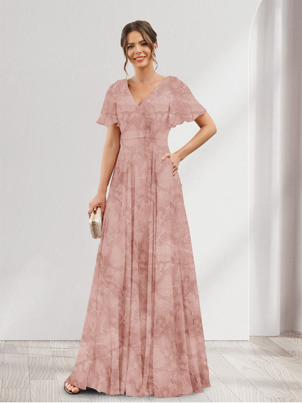 A-Line V-Neck Short Sleeves Floral Bridesmaid Dresses with Pockets