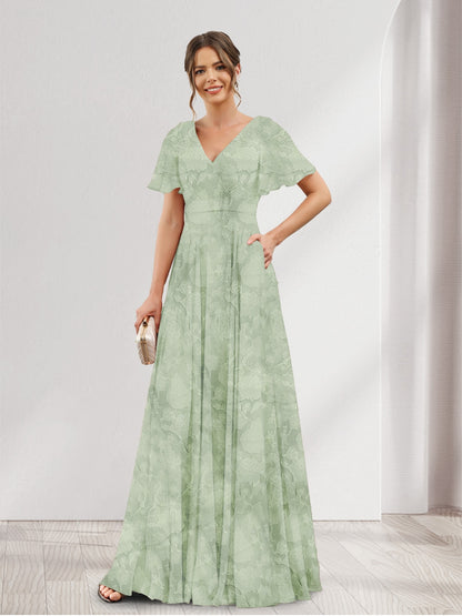 A-Line V-Neck Short Sleeves Floral Bridesmaid Dresses with Pockets